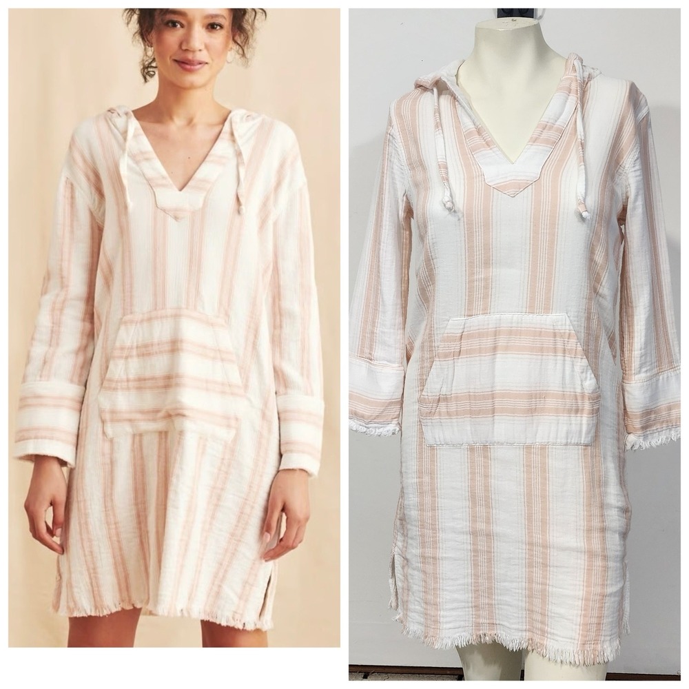 Faherty Baja Surf Dress XS Organic‎ Cotton Pink Stripe Hooded Beach Cover Up  xs